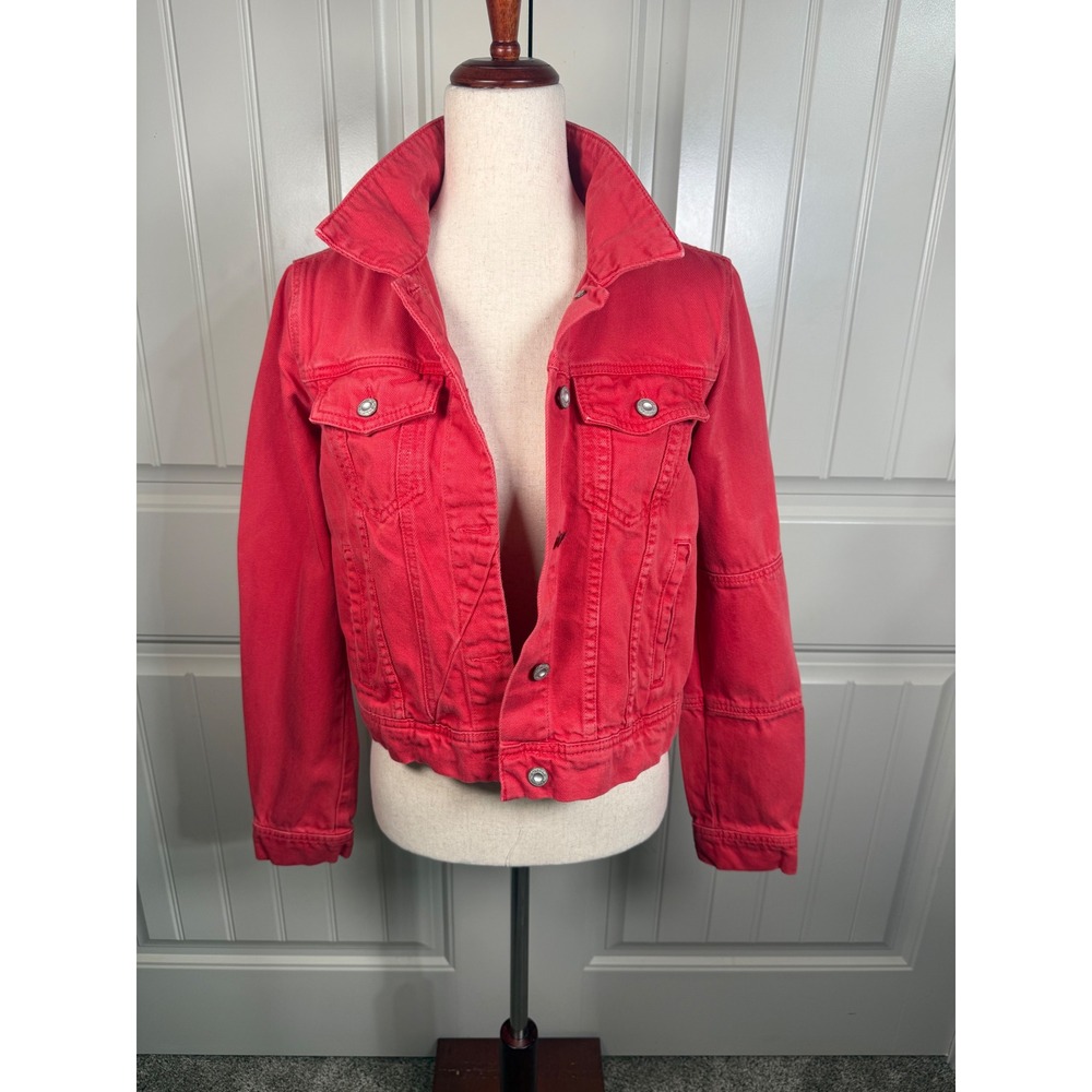 We The Free Free People Denim Jacket Women Small Red Cotton Cropped Trucker Boho